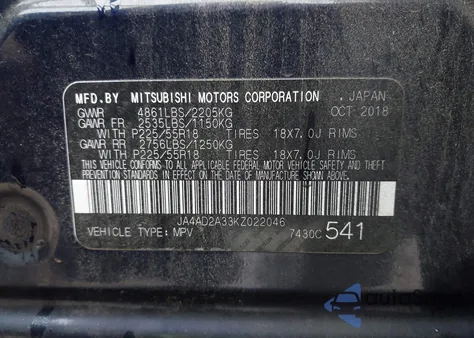 2019 Mitsubishi Outlander Es z USA, uszkodzony, nr VIN JA4AD2A33KZ022046